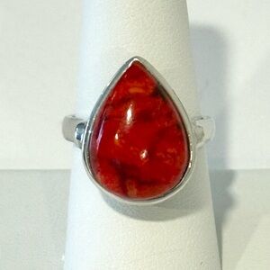 Thailand 925 Sterling Silver & Coral Pear Shape Ring Size 8.5 Southwest BBJ